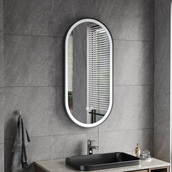 Erga Gwen, oglindă ovală LED 40x80cm cu ramă metalică neagră, 3 culori de lumină, iluminare frontală, pernă încălzitoare anti-aburire, ERG-V01-GWEN-4080-BK