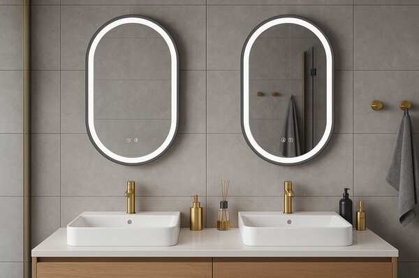 Erga Gwen, oglindă ovală LED 50x100cm cu ramă metalică neagră, 3 culori de lumină, iluminare frontală, pernă încălzitoare anti-aburire, ERG-V01-GWEN-…