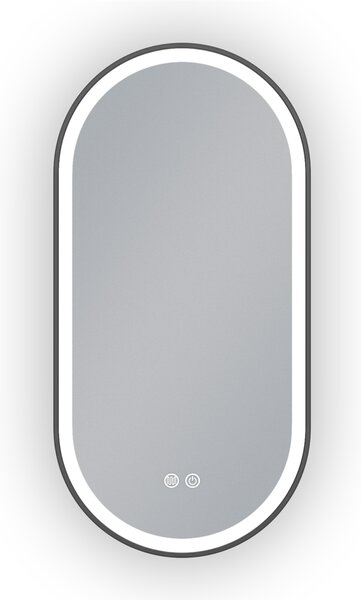 Erga Gwen, oglindă ovală LED 40x80cm cu ramă metalică neagră, 3 culori de lumină, iluminare frontală, pernă încălzitoare anti-aburire, ERG-V01-GWEN-4080-BK