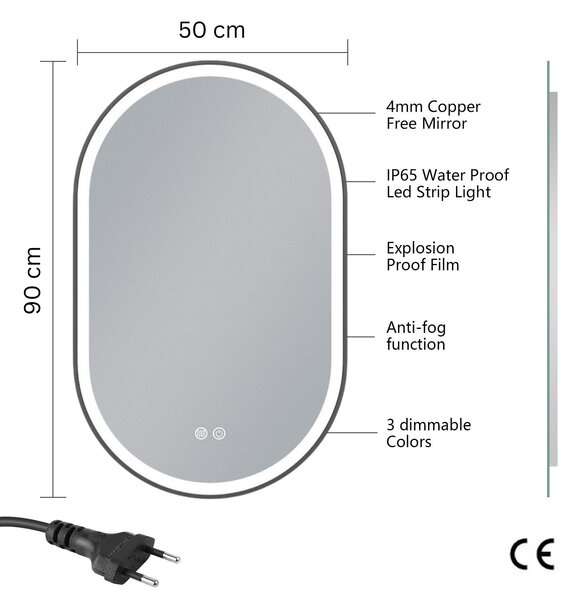 Erga Gwen, oglindă ovală LED 50x90cm cu ramă metalică neagră, 3 culori de lumină, iluminare frontală, pernă încălzitoare anti-aburire, ERG-V01-GWEN-5…