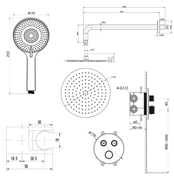 Sapho Sapho, set de duș termostatic ascuns SMART SELECT, 2 ieșiri, ieșire, negru mat, RP032B-01