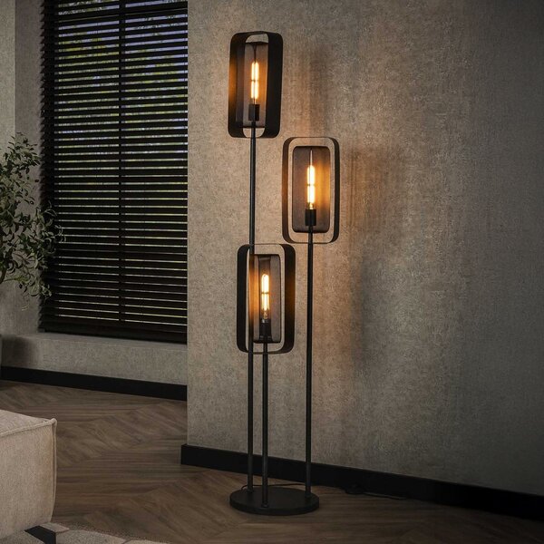 Zijlstra Lampă de podea Alma, 3 becuri, negru, metal, abajur pivotant din plasă, Negru, Camera de zi / sufragerie, Metal, Modern