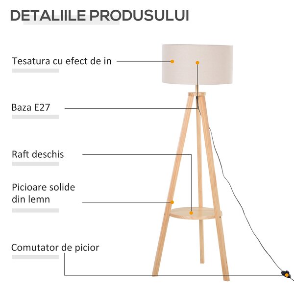 HOMCOM Lampa de Podea din Lemn cu Intrerupator de Pedala, Design Modern, pentru Living sau Dormitor, 154cm Inaltime | Aosom Romania