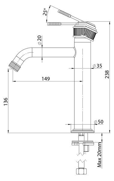 Sapho Sapho, baterie lavoar VERSI pe piedestal, inaltime 240 mm, crom, RV004