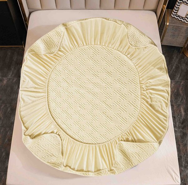 Husa de pat cu elastic + 2 fete perna, catifelate, tip topper, 160 x 200 cm, Crem