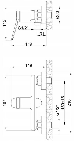 Invena Alonia, baterie de duș cu montare pe perete și set de duș manual, negru lucios, INV-BN-70-004-V