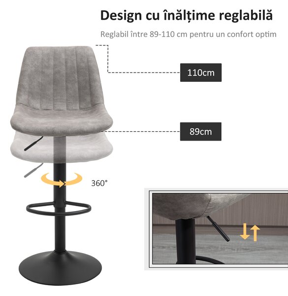 Set de 2 scaune de bar HOMCOM, stil industrial, spatar din microfibra, inaltime reglabila gri | Aosom Romania