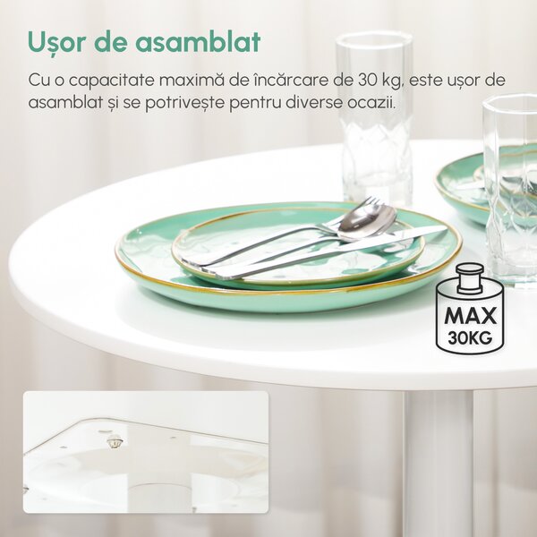 Masa rotunda HOMCOM, baza din otel, suport antiderapant Φ70x75cm, MDF si Otel, Alb | Aosom Romania