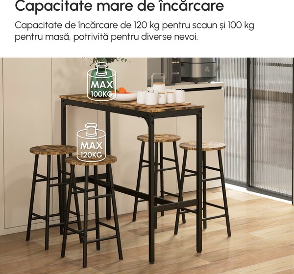 HOMCOM Set Masă și Scaune din MDF și Oțel cu 4 Scaune cu Suport pentru Picioare și Masă Dreptunghiulară, 105x40x90 cm, Maro | Aosom Romania