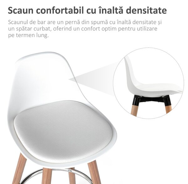 HOMCOM Set de 2 Scaune Înalte de Bar cu Spătar, Scaune Înalte cu Pernă și Pernițe pentru Picioare, 38,5x42,5x91 cm, Alb | Aosom Romania