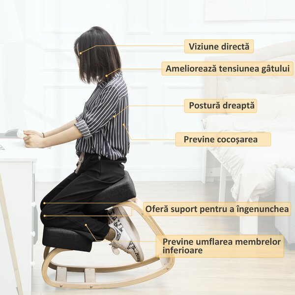 Vinsetto Scaun Ergonomic cu Suport pentru Genunchi din Lemn de Mesteacăn, 51x69x58 cm, Negru | Aosom Romania