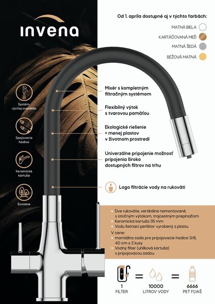Invena Magic, baterie de lavoar independentă cu braț flexibil și filtru de apă potabilă, alb mat, INV-BZ-02-F02-V