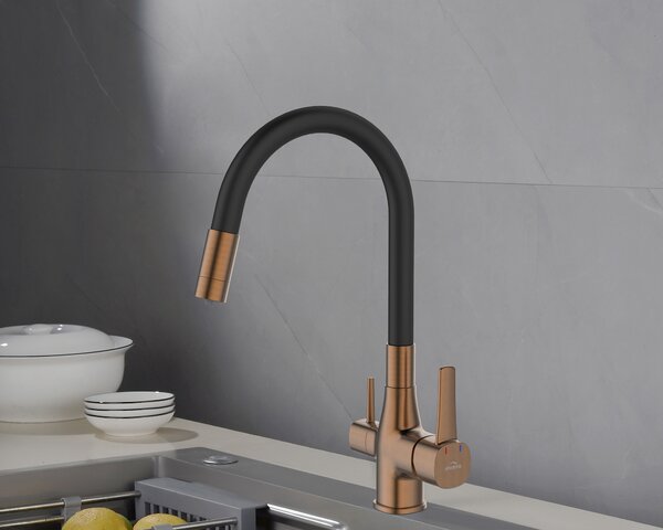 Invena Magic, baterie de lavoar independentă cu braț flexibil și filtru de apă potabilă, negru-cupru mat, INV-BZ-02-F15-V Leták: https://cloud.invena…