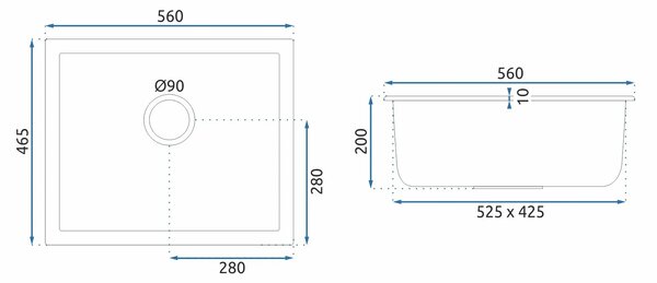 Chiuvetă din granit Rea Nels cu 1 compartiment, 560x465x200mm, neagră, ZLE-00109