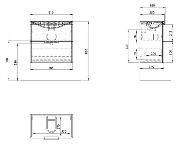 Aqualine Aqualine, Dulap lavoar DENEB 60.5x55x34.5cm, alb mat, DN264