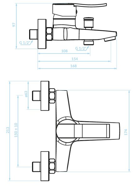 Kuchinox Madera, baterie de cadă cu montare pe perete 150 mm, cromată, LAV-BQM_010D