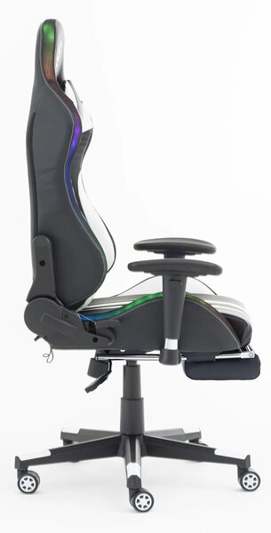 Scaun gaming cu sistem iluminare bandă LED RGB, masaj în perna lombară, suport picioare, funcție șezlong, 90-180 grade, piele ecologica, Negru/Alb