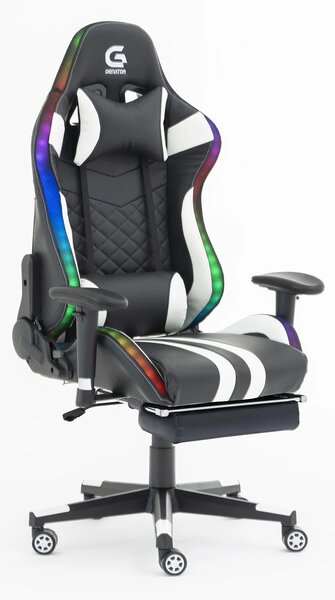 Scaun gaming cu sistem iluminare bandă LED RGB, masaj în perna lombară, suport picioare, funcție șezlong, 90-180 grade, piele ecologica, Negru/Alb