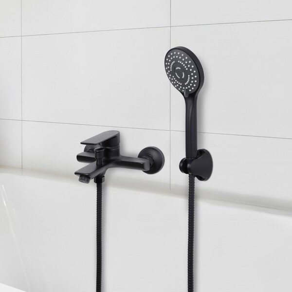 Baterie de cadă Erga Hary, montată pe perete cu set de duș manual, negru mat, ERG-YKA-BW.HARY-BLK