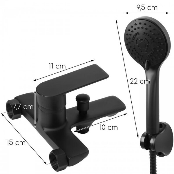 Baterie de cadă Erga Remi, montată pe perete cu set de duș manual, negru mat, ERG-YKA-BW.REMI-BLK