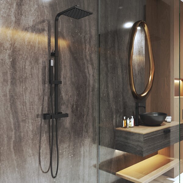 Gamma Cube, set de duș cu baterie termostatică, cap de duș și duș manual, înălțime 91-135cm, negru mat, GMA-BCEZNT-BK