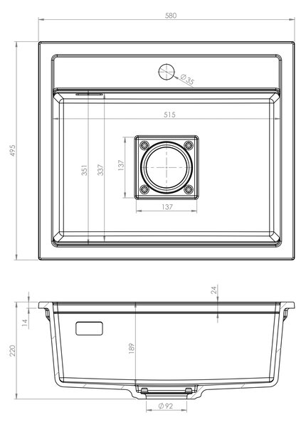 Chiuvetă Gamma Quadro 5850, granit cu 1 compartiment 580x495x220 mm, neagră, GMA-ZLE000229