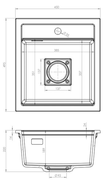 Chiuvetă Gamma Quadro 4550, granit cu 1 compartiment 450x495x220 mm, albă, GMA-ZLE000220