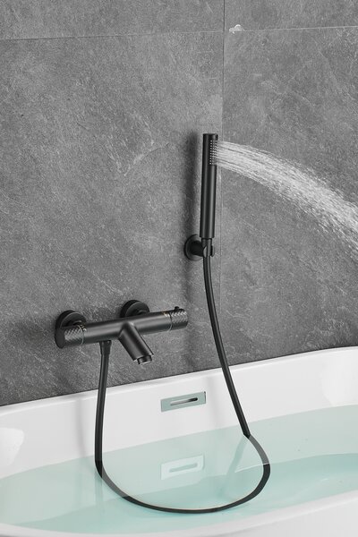 Gamma Roy, baterie termostatică pentru cadă cu set de duș manual, negru mat, GMA-BRYPWT-BK