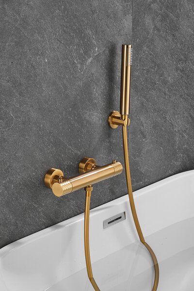 Gamma Gamma, baterie de duș termostatică de perete cu set de duș manual, auriu mat, GMA-BRYPNT-BGD