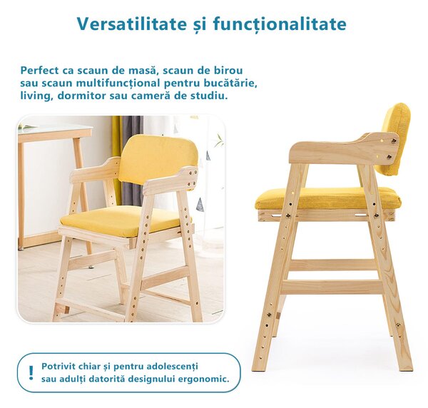 Scaun inalt din lemn onuvio®, reglabil pentru copii de la prescolari la adolescenti, cu trepte, scaun de masa pentru copii sau de studiu cu husa detasabila, - galben