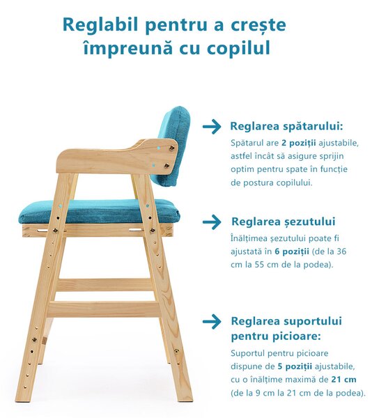 Scaun inalt din lemn onuvio®, reglabil pentru copii de la prescolari la adolescenti, cu trepte, scaun de masa pentru copii sau de studiu cu husa detasabila, - turcoaz