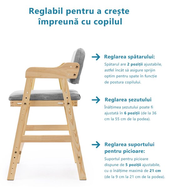 Scaun inalt din lemn onuvio®, reglabil pentru copii de la prescolari la adolescenti, cu trepte, scaun de masa pentru copii sau de studiu cu husa detasabila, - gri