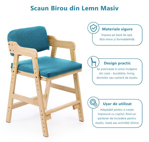Scaun inalt din lemn onuvio®, reglabil pentru copii de la prescolari la adolescenti, cu trepte, scaun de masa pentru copii sau de studiu cu husa detasabila, - turcoaz