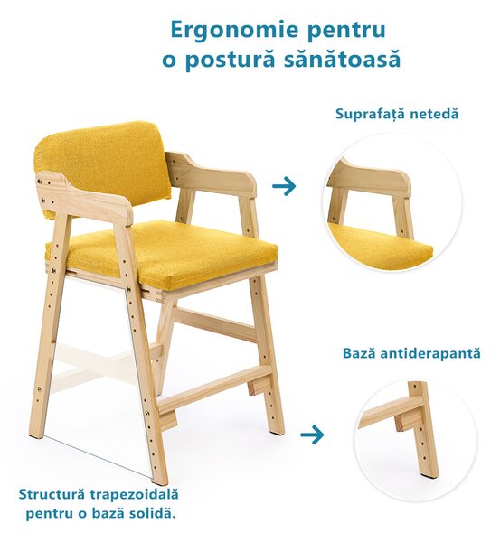 Scaun inalt din lemn onuvio®, reglabil pentru copii de la prescolari la adolescenti, cu trepte, scaun de masa pentru copii sau de studiu cu husa detasabila, - galben
