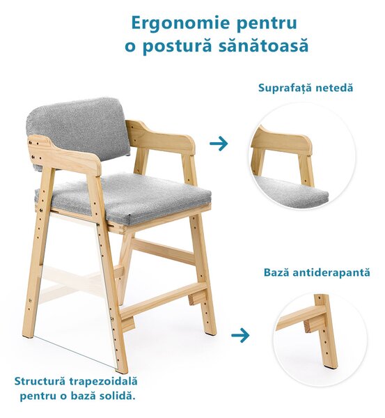 Scaun inalt din lemn onuvio®, reglabil pentru copii de la prescolari la adolescenti, cu trepte, scaun de masa pentru copii sau de studiu cu husa detasabila, - gri