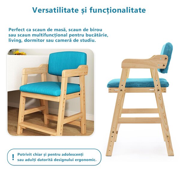 Scaun inalt din lemn onuvio®, reglabil pentru copii de la prescolari la adolescenti, cu trepte, scaun de masa pentru copii sau de studiu cu husa detasabila, - turcoaz