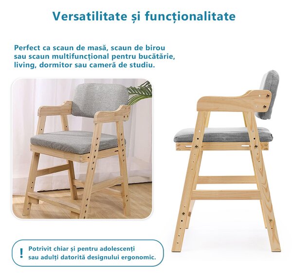 Scaun inalt din lemn onuvio®, reglabil pentru copii de la prescolari la adolescenti, cu trepte, scaun de masa pentru copii sau de studiu cu husa detasabila, - gri