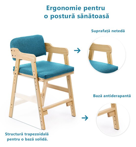 Scaun inalt din lemn onuvio®, reglabil pentru copii de la prescolari la adolescenti, cu trepte, scaun de masa pentru copii sau de studiu cu husa detasabila, - turcoaz