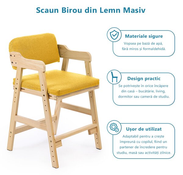Scaun inalt din lemn onuvio®, reglabil pentru copii de la prescolari la adolescenti, cu trepte, scaun de masa pentru copii sau de studiu cu husa detasabila, - galben