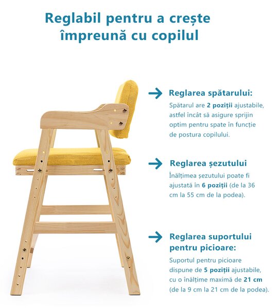Scaun inalt din lemn onuvio®, reglabil pentru copii de la prescolari la adolescenti, cu trepte, scaun de masa pentru copii sau de studiu cu husa detasabila, - galben