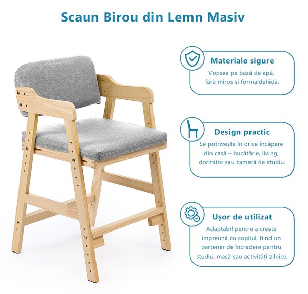 Scaun inalt din lemn onuvio®, reglabil pentru copii de la prescolari la adolescenti, cu trepte, scaun de masa pentru copii sau de studiu cu husa detasabila, - gri