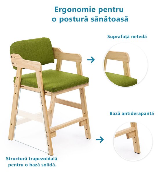 Scaun inalt din lemn onuvio®, reglabil pentru copii de la prescolari la adolescenti, cu trepte, scaun de masa pentru copii sau de studiu cu husa detasabila, - verde