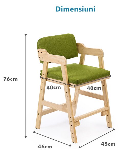 Scaun inalt din lemn onuvio®, reglabil pentru copii de la prescolari la adolescenti, cu trepte, scaun de masa pentru copii sau de studiu cu husa detasabila, - verde