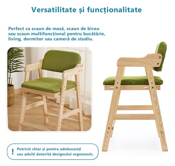 Scaun inalt din lemn onuvio®, reglabil pentru copii de la prescolari la adolescenti, cu trepte, scaun de masa pentru copii sau de studiu cu husa detasabila, - verde