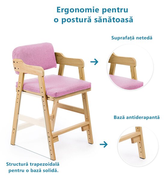 Scaun inalt din lemn onuvio®, reglabil pentru copii de la prescolari la adolescenti, cu trepte, scaun de masa pentru copii sau de studiu cu husa detasabila, - roz