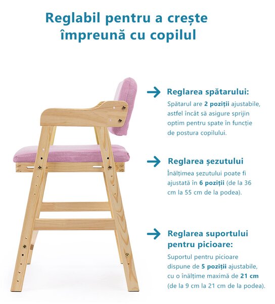 Scaun inalt din lemn onuvio®, reglabil pentru copii de la prescolari la adolescenti, cu trepte, scaun de masa pentru copii sau de studiu cu husa detasabila, - roz