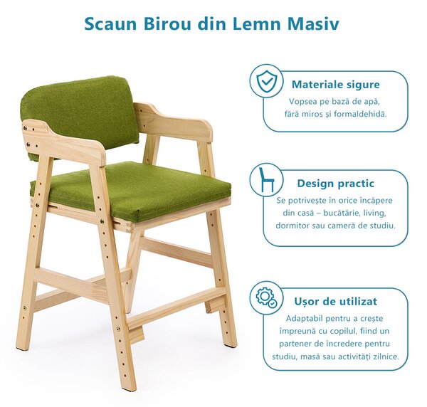 Scaun inalt din lemn onuvio®, reglabil pentru copii de la prescolari la adolescenti, cu trepte, scaun de masa pentru copii sau de studiu cu husa detasabila, - verde