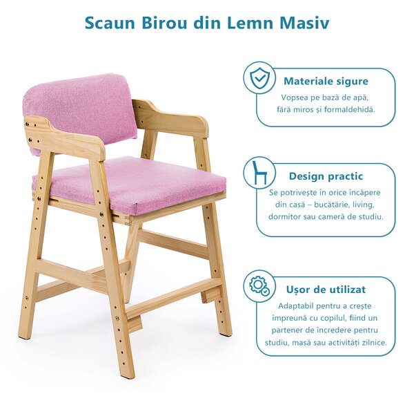 Scaun inalt din lemn onuvio®, reglabil pentru copii de la prescolari la adolescenti, cu trepte, scaun de masa pentru copii sau de studiu cu husa detasabila, - roz