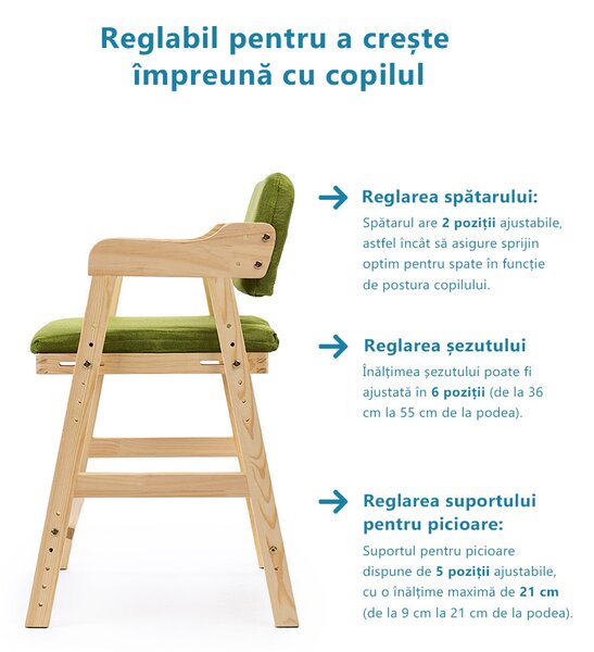 Scaun inalt din lemn onuvio®, reglabil pentru copii de la prescolari la adolescenti, cu trepte, scaun de masa pentru copii sau de studiu cu husa detasabila, - verde