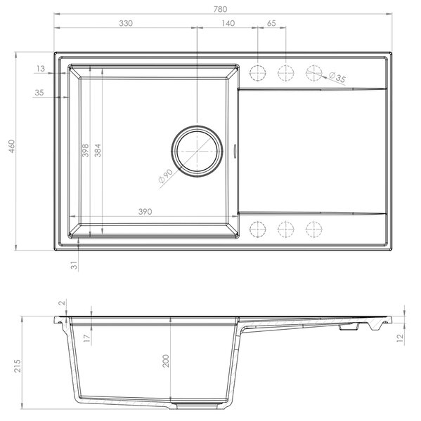 Chiuvetă de bucătărie din granit Sink Quality Sink55 780x460x215 mm + sifon grafit, grafit, SKQ-SINK.G.1KDOL.XB